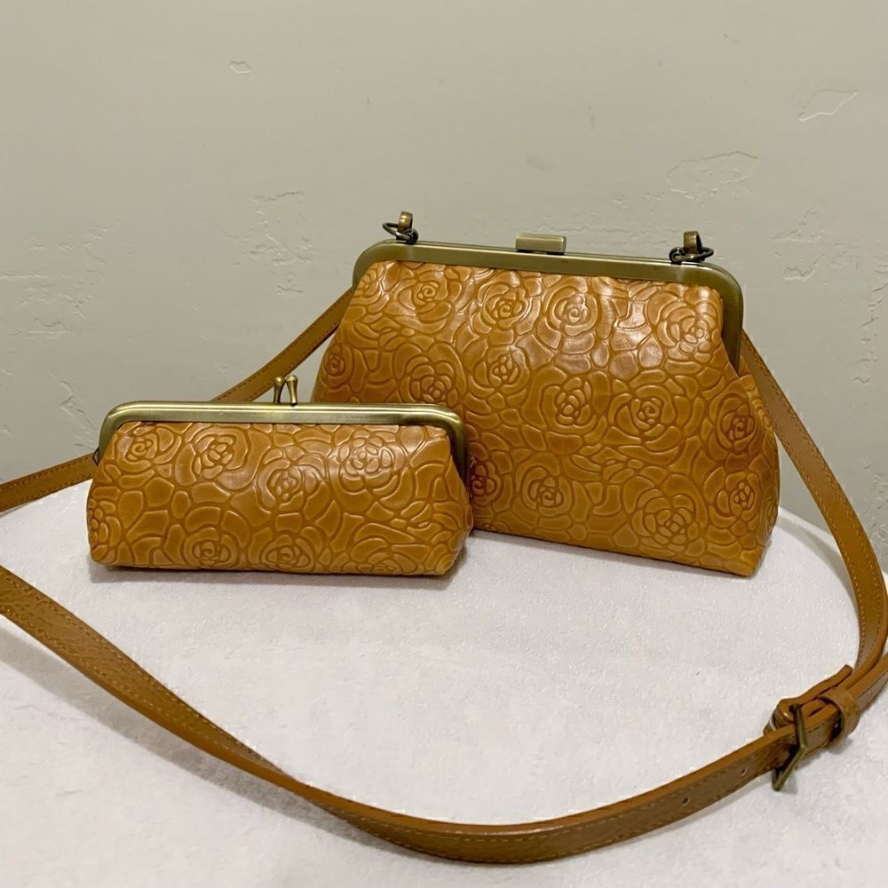 Embossed Rose Handmade Cowhide Leather Push-lock Handbag Includes Small Clutch